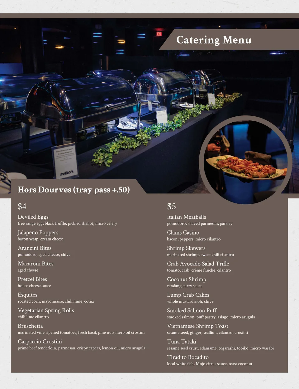 NOVA catering menu with hors d'oeuvres