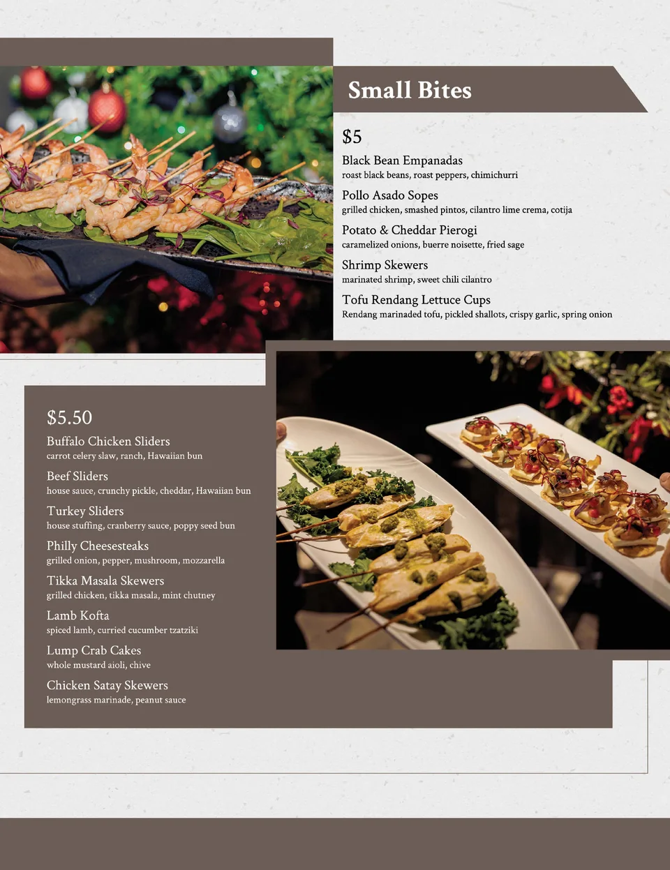NOVA catering menu with small bites