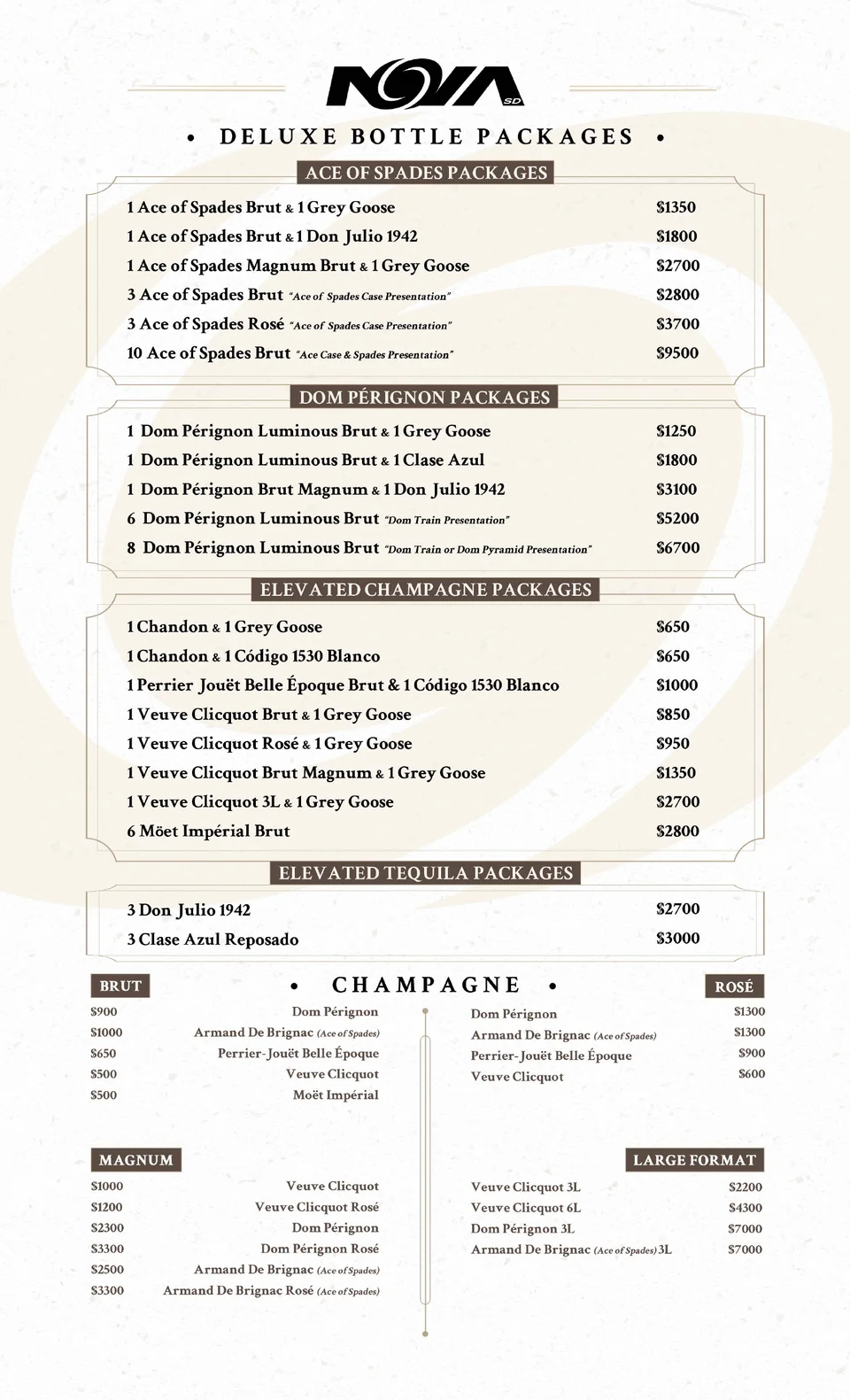 NOVA deluxe bottle packages menu
