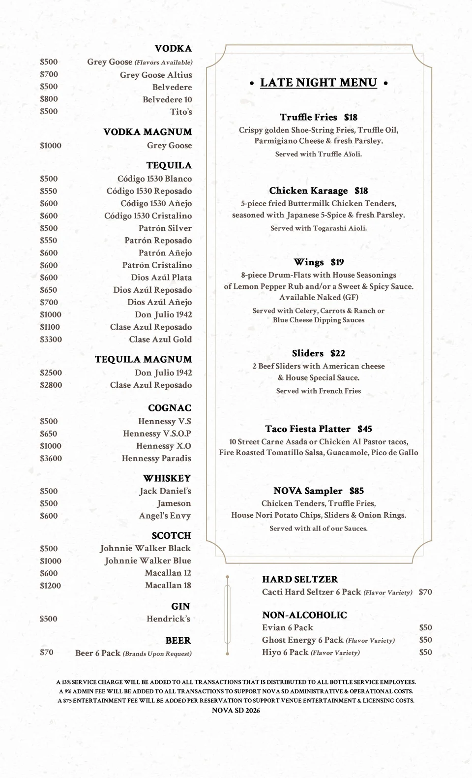 NOVA drinks and late-night food menu