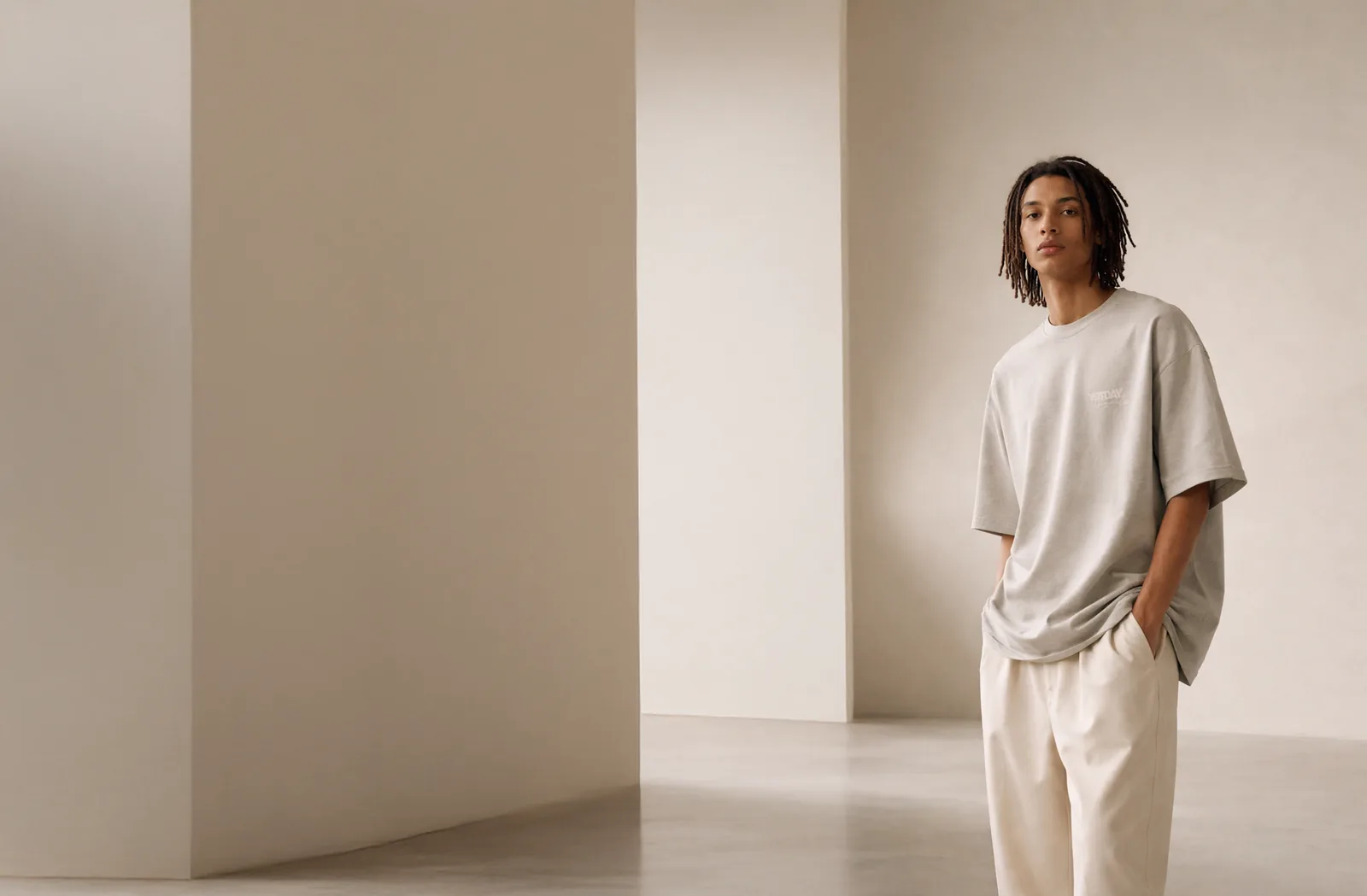 YSTRDAY website hero: the Originals oversized tee in bone